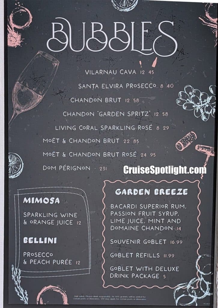 bubbles bar menu on Star of the Seas