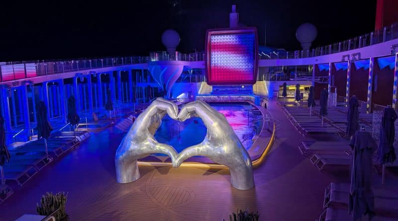 celebrity apex pool deck at night