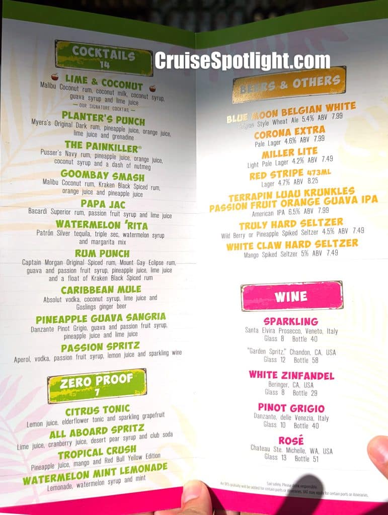 royal caribbean lime and coconut bar menu