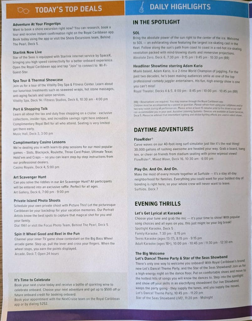 star of the seas cruise compass day 1 page 2