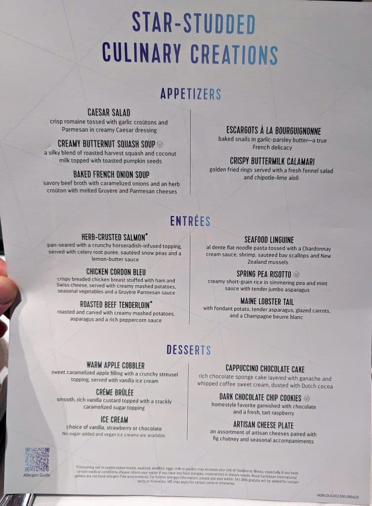 star of the seas day 2 dinner menu