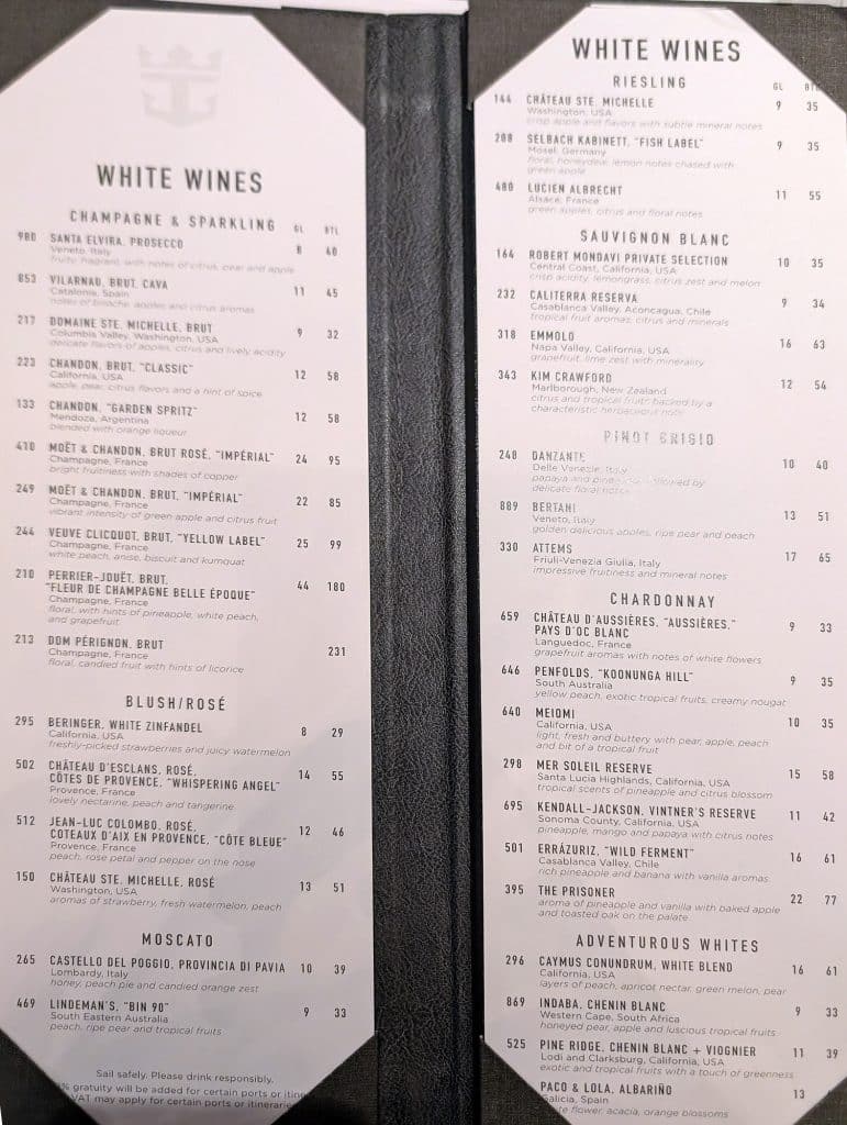 star of the seas main dining room wine list