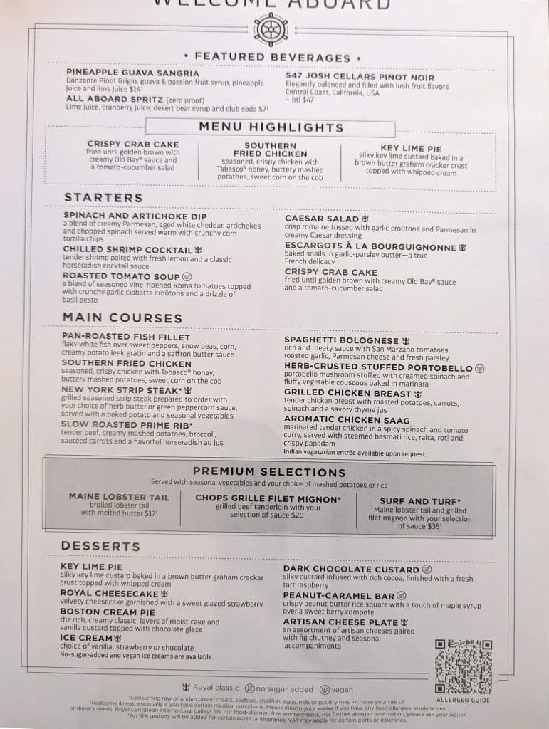 star of the seas welcome aboard menu