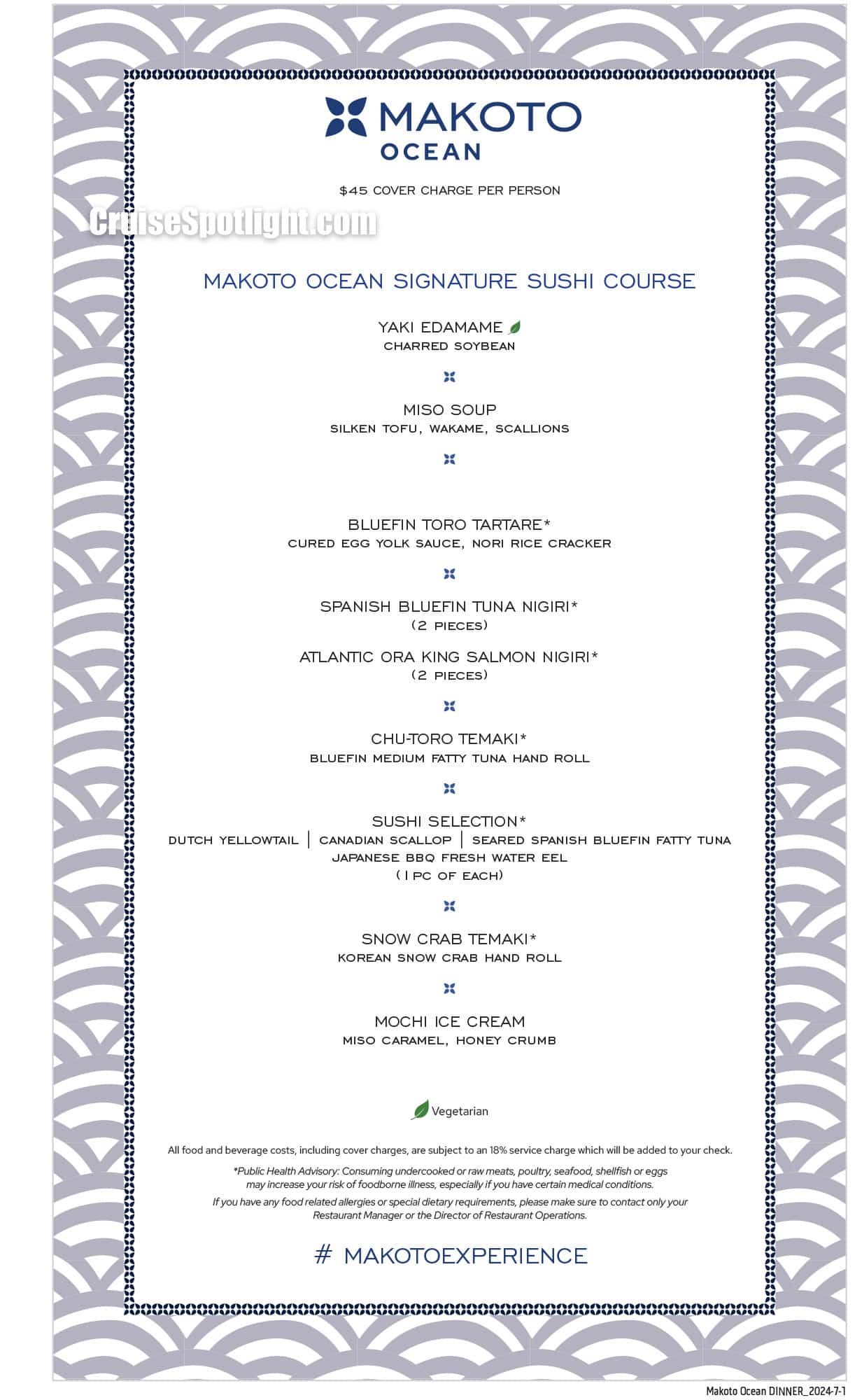 Princess Cruises Makoto Ocean Dinner Menu Menu page 1