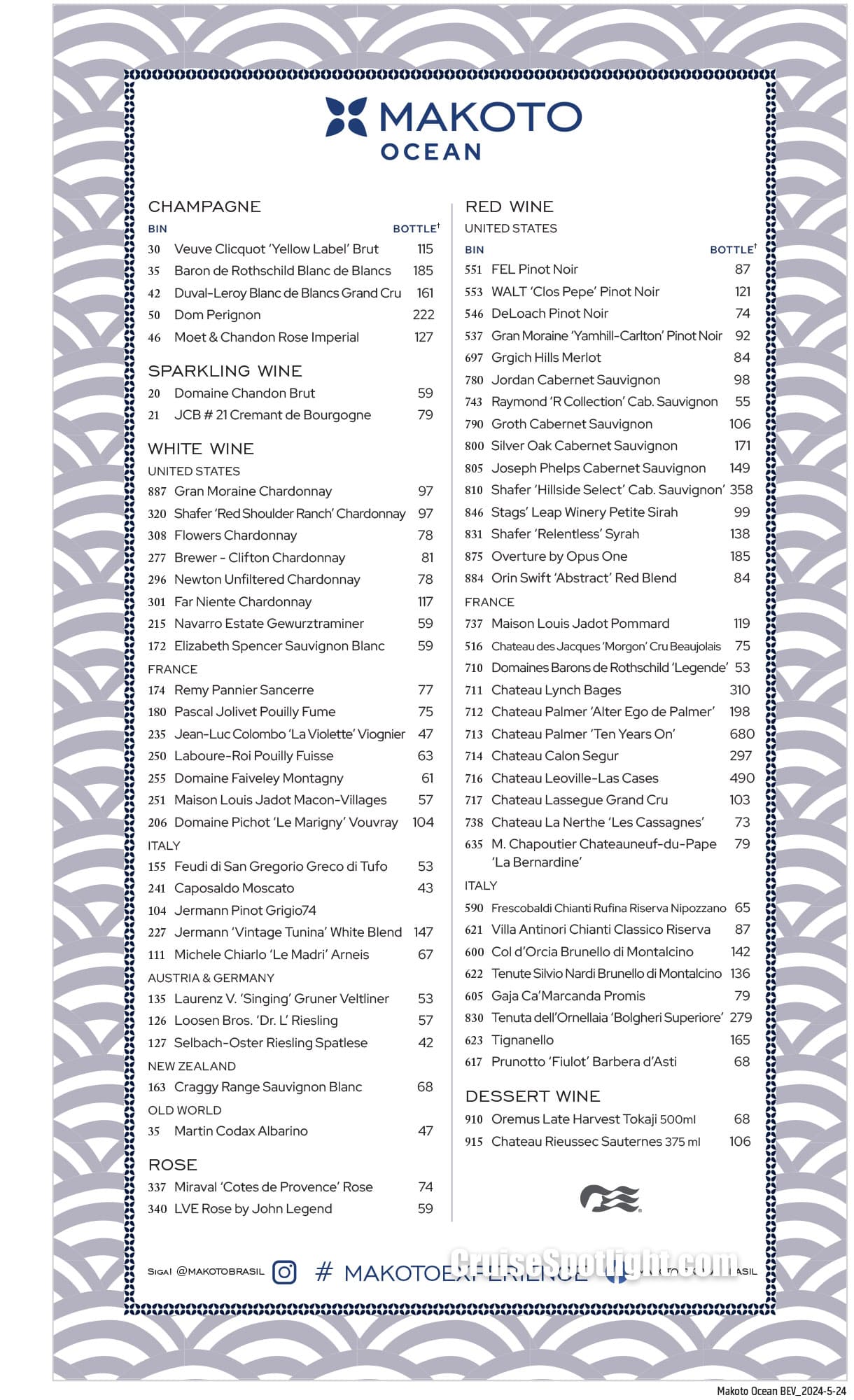 Princess Cruises Makoto Ocean Drink Menu Menu page 2