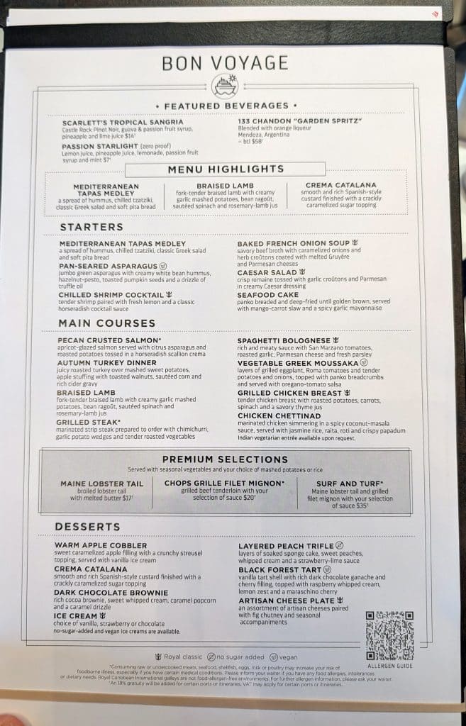 star of the seas bon voyage menu