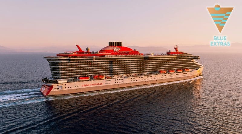 virgin voyages ship with blue extras logo