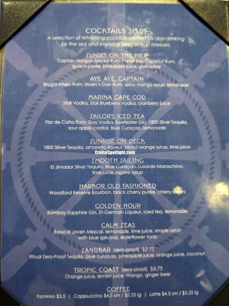 Marina Bar Menu page 1