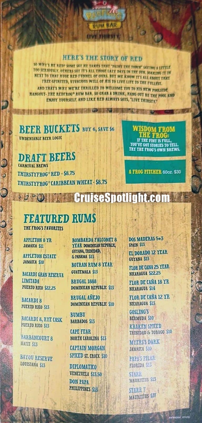 RedFrog Rum Bar Menu page 1