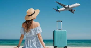 woman suitcase plane on beach