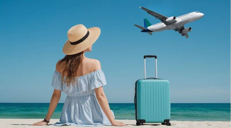 woman suitcase plane on beach