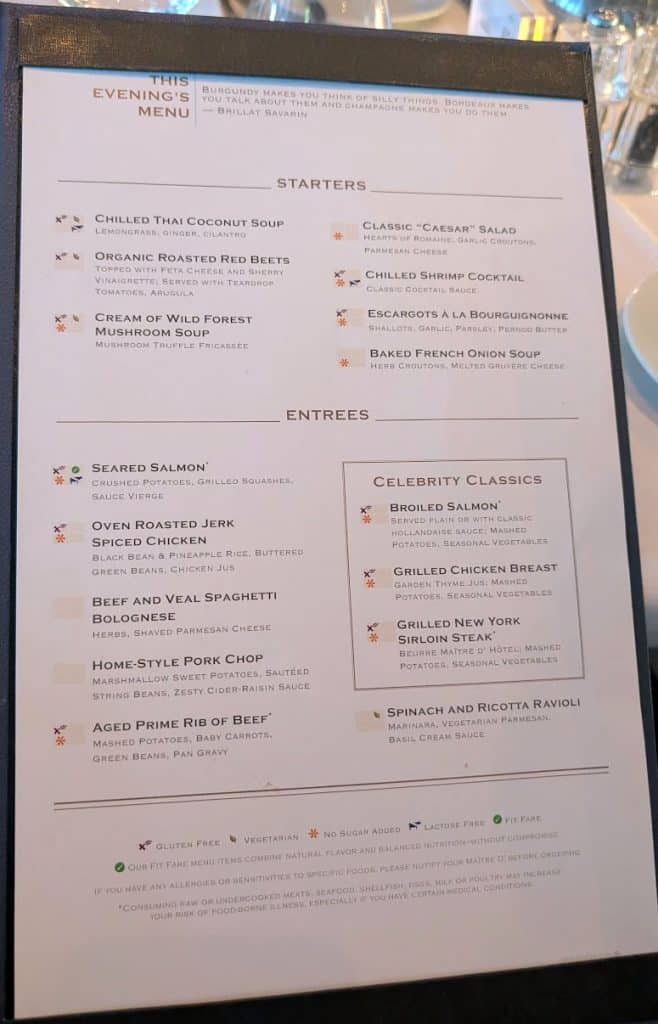 celebrity reflection main dining room menu day 1 page 2