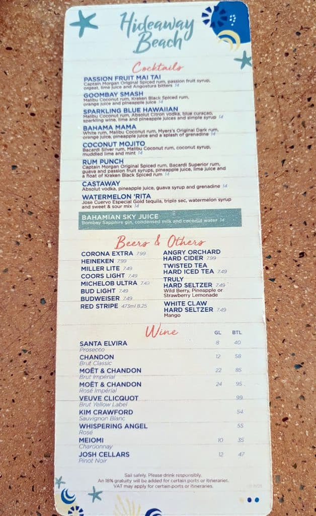 hideaway beach drink menu apr 2026