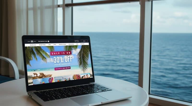 celebrity cruise planner on a laptop by the ocean