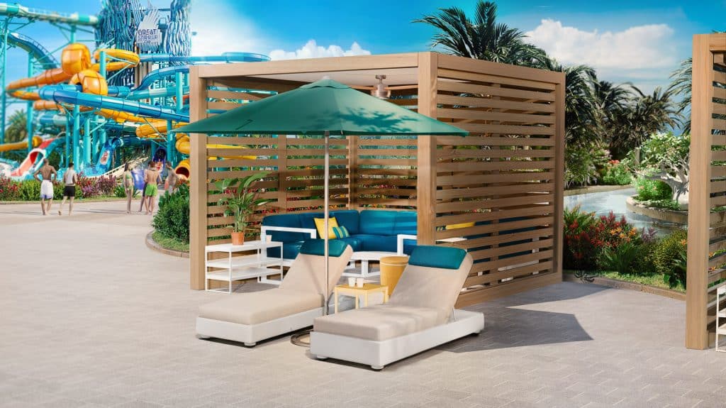 cabana and loungers at water park