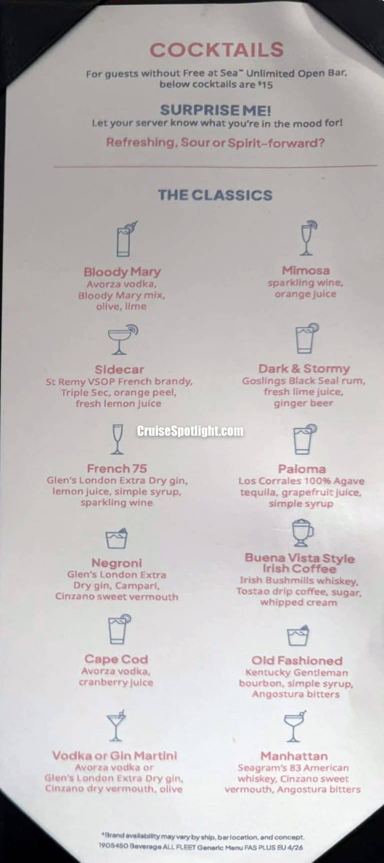 Observation Lounge Bar Menu page 1