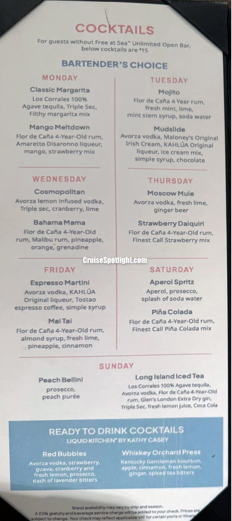 Observation Lounge Bar Menu page 2
