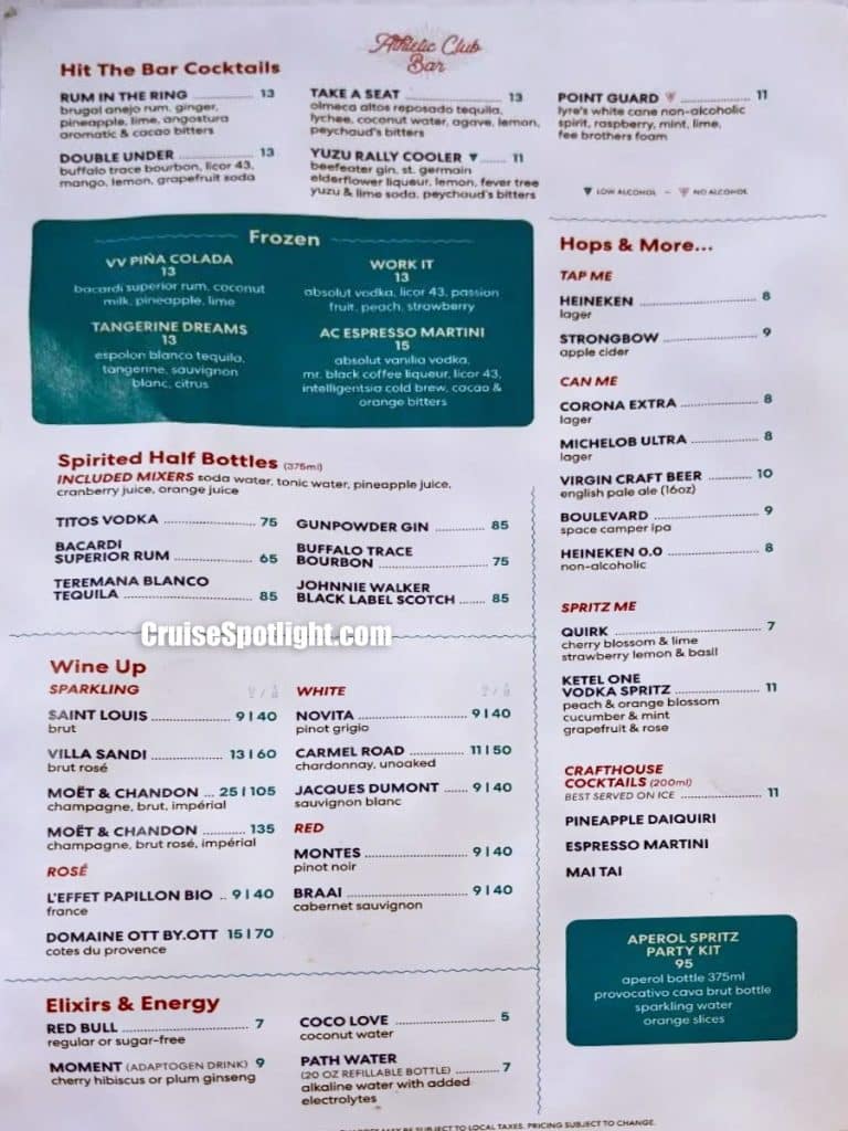 virgin voyages athletic club bar menu june 2026
