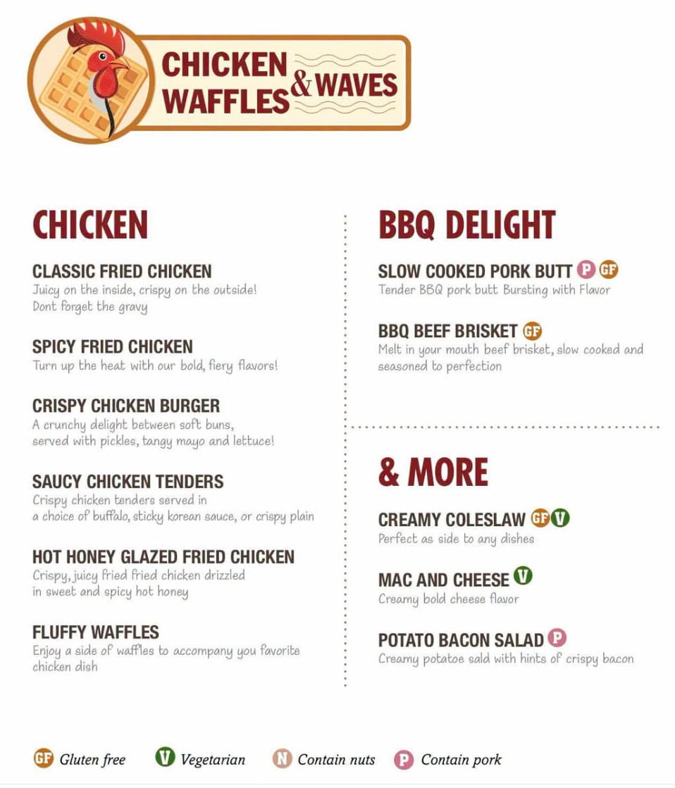 Carnival Chicken, Waffles, and Waves Menu page 1