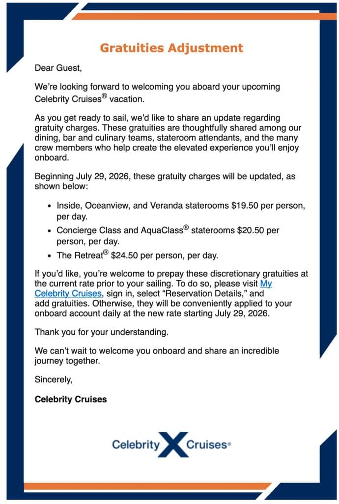 celebrity gratuities letter 2026