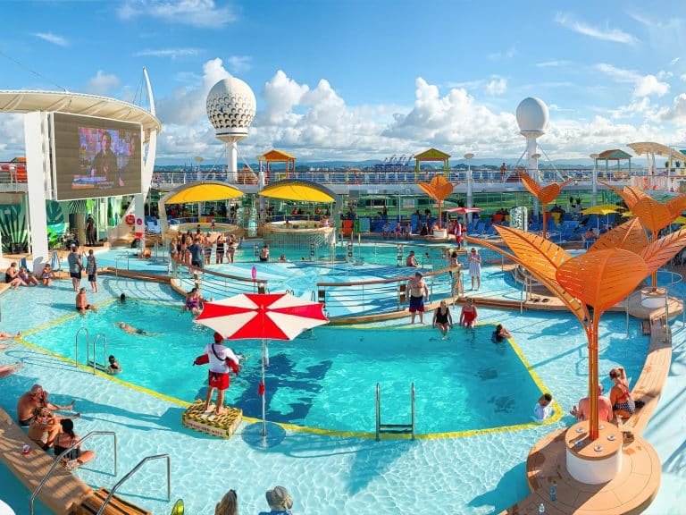 The main pool at night with giant movie screen on Royal Caribbeans Freedom of the Seas