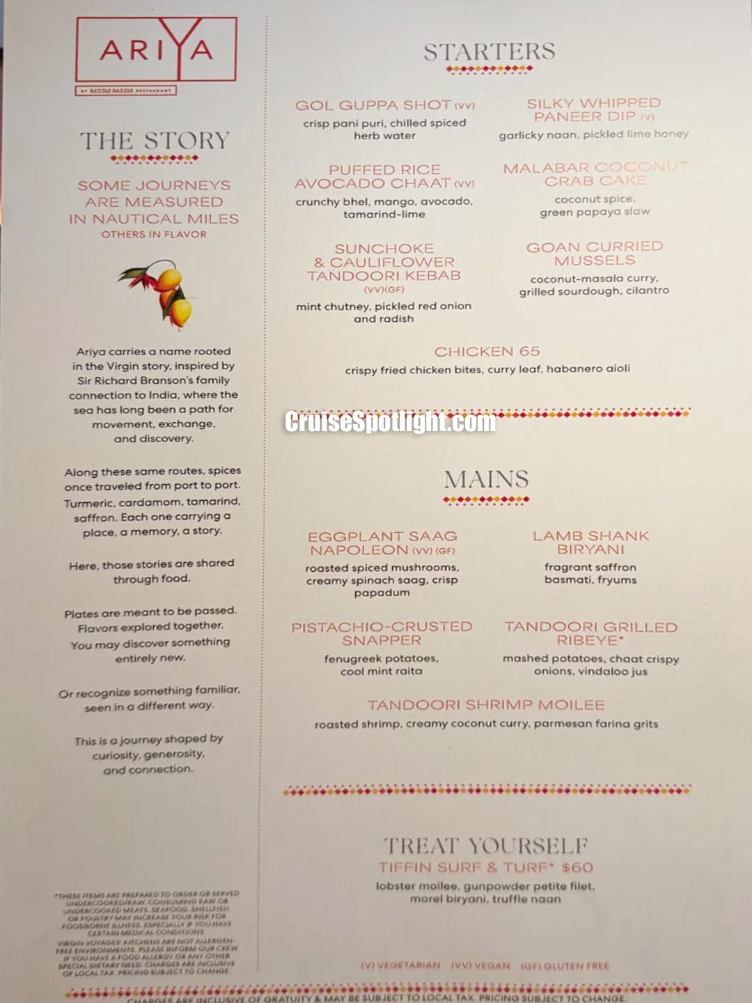 Virgin Voyages Ariya Dinner Menu page 1