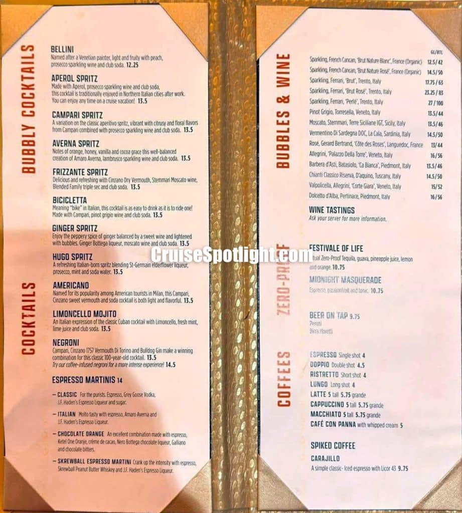 carnival frizzante bar menu sept 2026