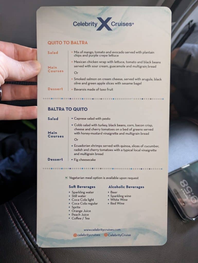 celebrity flora charter flight menu