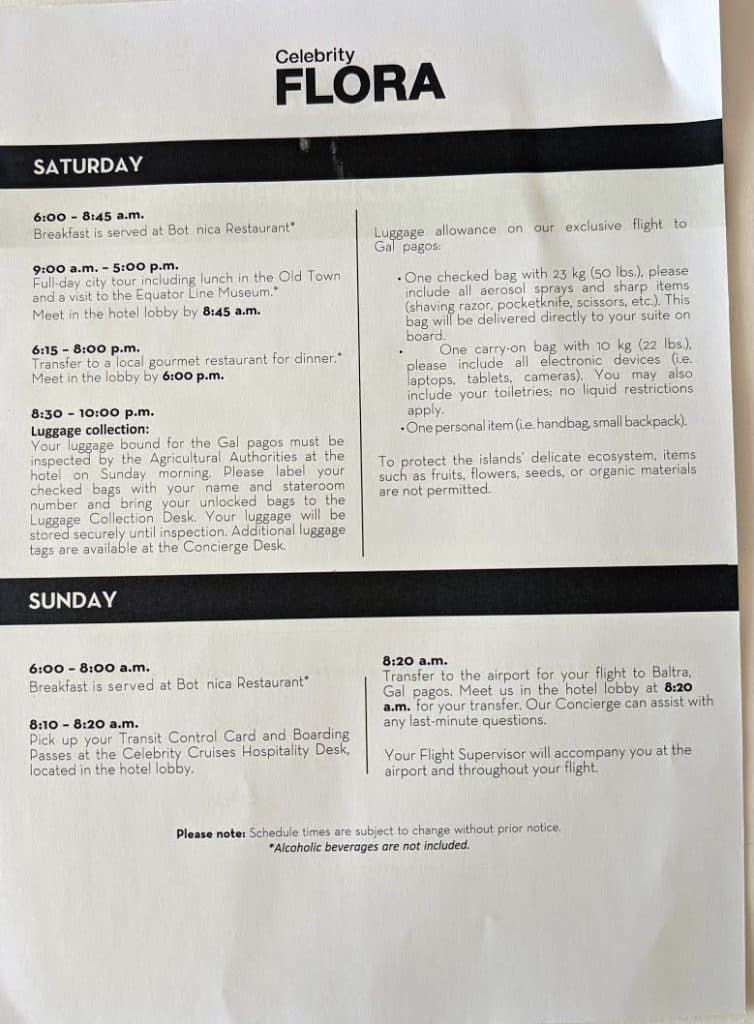 celebrity flora 10 day galapagos cruise day 0 quito schedule page 2