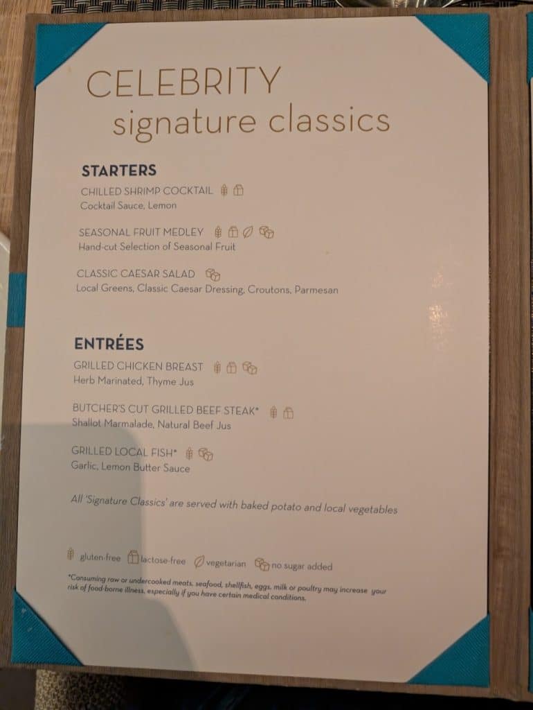 celebrity flora dinner menu day 1 page 1