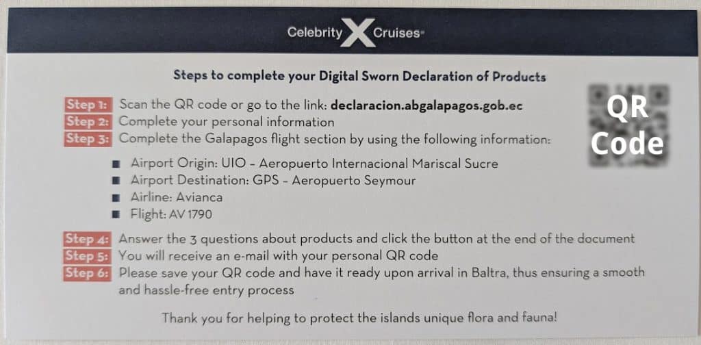 celebrity galapagos declaration of products