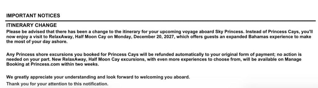 princess cays travel agent notification