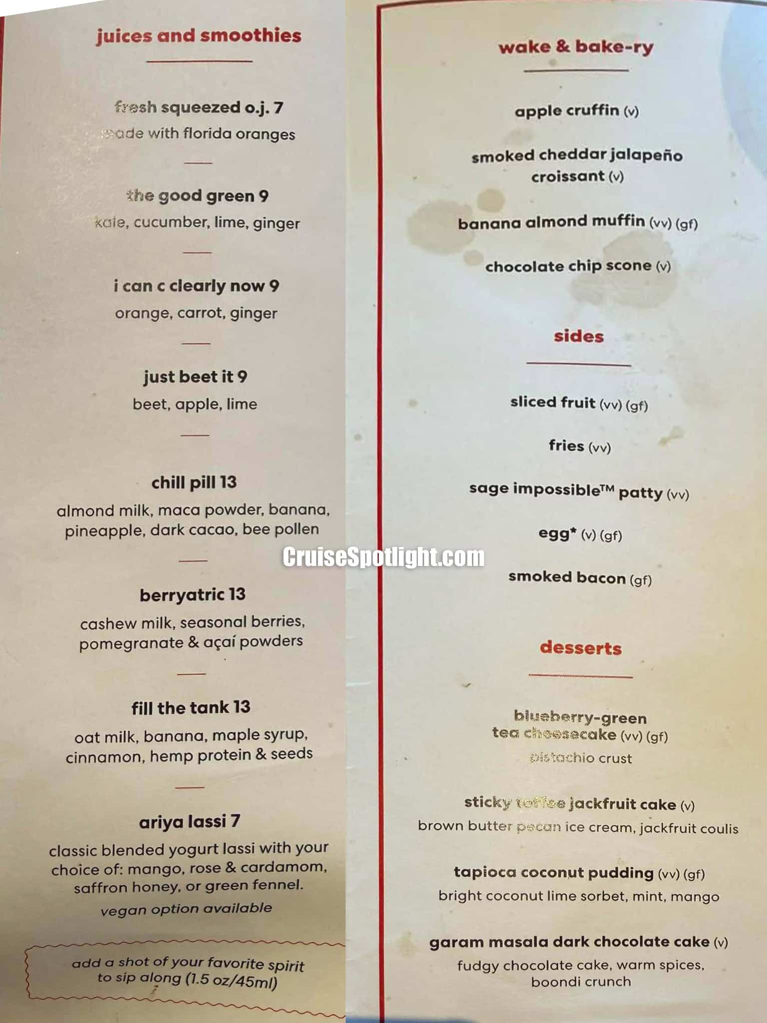Virgin Voyages Ariya Brunch Menu page 1