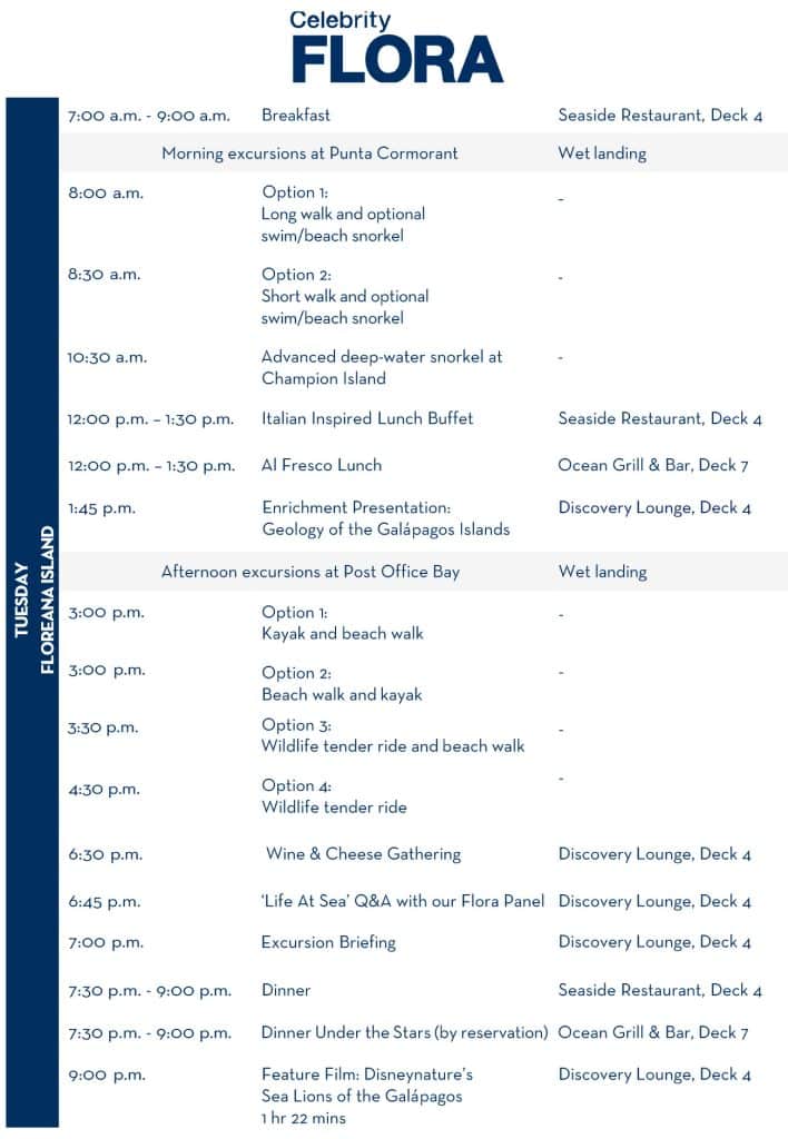 celebrity flora galapagos outer loop daily schedule day 3